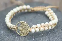 BNIB - Double Row White Turquoise Natural Stone Golden Tree of Life Bracelet.