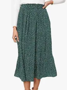Exlura Women’s High Waist Green White Polka Dot Pleated Midi Swing Skirt Size XL