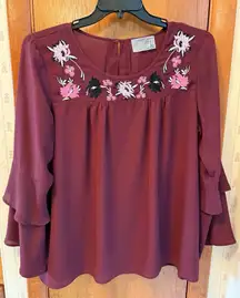 ruff hewn Grey Embroidered Burgundy Blouse