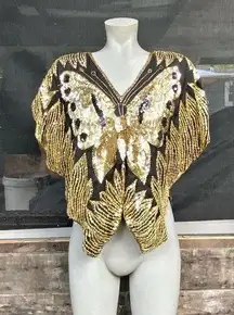 Vintage 70s Black Silk Gold Monarch Butterfly Sequin Disco Top~M/L~