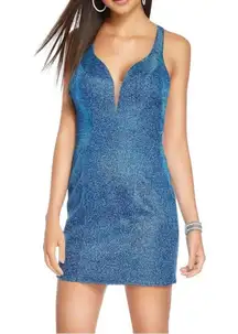 Alyce Paris Mini Dress Size 4 Shimmer Blue Sparkle Cross Strap Open Back #4180