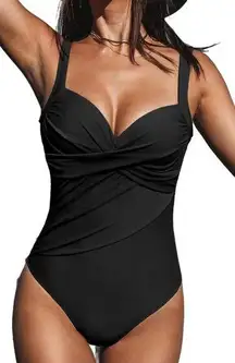 NWT CUPSHE One Piece Swimsuit Twist Ruched U Back Tummy Control Black size M