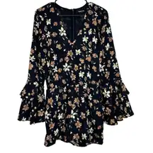 Sugar Lips Navy Blue Floral Long‎ Bell Sleeve Boho Romper Size M
