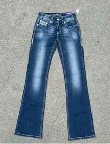 Rock & Roll Cowgirl mid rise boot cut jeans embroidered bling pocket 24x34