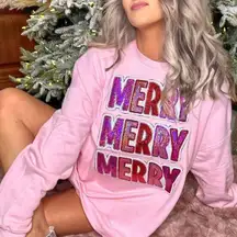 Beyond Shimmer AnaGails Very Merry Sweatshirt Women's Small Pink Sequin Holiday‎