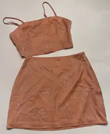 Le Lis‎ Crop Camisole Top & Mini Skirt Set in Nude Peach Rhinestones Size XS/S