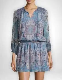 Joie  Aidee Blue Printed Silk Chiffon Long Sleeve Mini Dress Medium