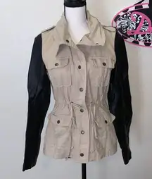 JJ Winter by JJ Basics tan faux leather sleeves button Down jacket