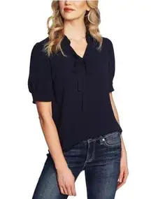 CeCe Navy Short Sleeve V-Neck Ruffled Top with Bow size XS