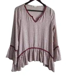 About A Girl Women Top M Maroon Flouncy‎ Hem Floral Print Boho Festival Hippie