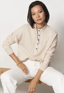 Evereve Beige Cropped Taryn Taped Henley Sweatshirt - Size - Small