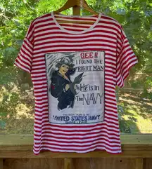 Pinky Women's Vintage Red And White Striped Patriotic Navy Tee Size L