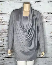 George Simonton Says 2X Gray Layered Cowl Neck Blouson Waist Knit Sweater Top