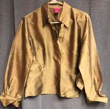 Sunny Leigh 10 100% silk metallic gold cross wrap jacket has rolled up sleeves