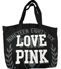 PINK - Victoria's Secret 1986 Victoria Secret Large Double Handle Black Tote Canvas Bag LOVE PINK Beach