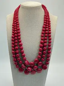 Red Beaded Statement Necklace Womens Jewelry Costume Runway Chunky 3 Strand