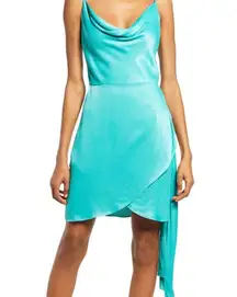 Saylor Mykonos Teal Cowl Neck Satin Dress