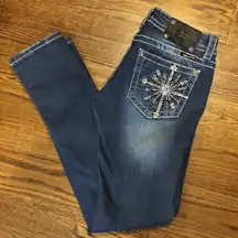 MISS ME Denim Jean Sz 28x31 Embroidered and Crystal Accented Skinny Leg