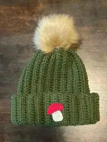 Chunky Oversized Cuffed Fall Winter Beanie Faux Fur PomPom - Mushroom Decal‎