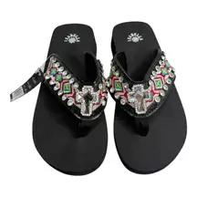 Isabella Flip Flops Rhinestone Stud Cross Embroidery Women Shoes Size Medium New
