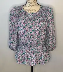 floral smocked puff sleeve peplum top M