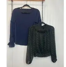 Ann Taylor Metallic Clip Smocked Ruffle Neck Top & Ruffle Cuff Popover SET Sz S