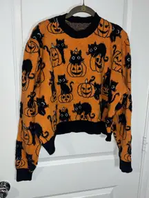 BlackMilk Halloween Whimsigoth Pumpkin Black Cat Orange Knit Fall Sweater XL-XXL