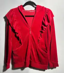 Red Velvet Ruffled Hooded Track Jacket Pockets Cotton Blnd Holiday Boho Casual M