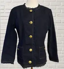 Joan Rivers Dark Wash Denim Jacket Ruffle Trim Gold Button Classic Style Size 8