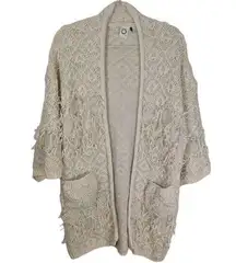 Anthropologie Anthro Akemi + Kin Shaggy Fringe Open Cream Cardigan Jacket Chunky Crochet OS