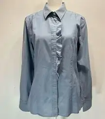 Talbots  Blue Chambray Button Front Ruffle Tailored Collared Cotton Shirt Sz 10