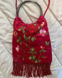 Red Embroidered Floral Beaded Purse