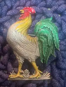 JJ Jonette Jewelry Vintage Rooster Brooch Pin Pewter Signed Painted Farm Country