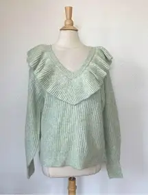 Ruffle V-Neck Solid Sea Foam Green Oversized Sweater