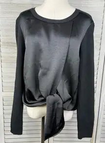 CABI Crosstie Pullover Black Sweater with Satin Tie Front & Ribbed Knit Back-M