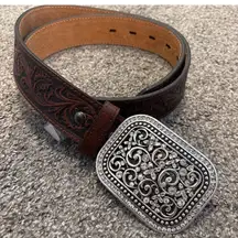 Ariat Brown Leather Belt with Intricate Silver Buckle