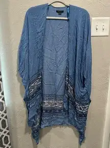 American Eagle Topper Floral Shawl Wrap Scarf Blue Bandana fringe O/S