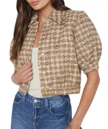 NWT L'AGENCE Cove Cropped Tweed Short Sleeve Jacket Cappuccino/Gold Size 10