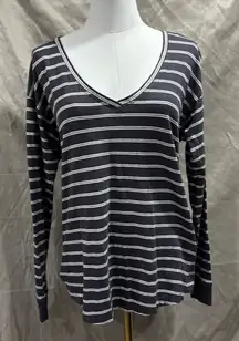 Madewell Charcoal and White Striped V-Neck Long Sleeve Tee