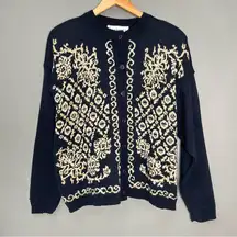 Vintage Cardigan‎ Sweater Navy Blue Women Size Large Floral Eclectic Retro 90s