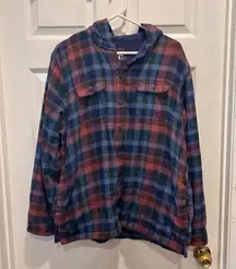 Vtg LL Bean Womens Hooded Flannel Shirt Large Plaid Long Sleeve Button Down 90's