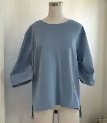 Athleta  Hi Low Cinch Sleeve Tee Top Dusty Blue Cotton Blend Crew Neck