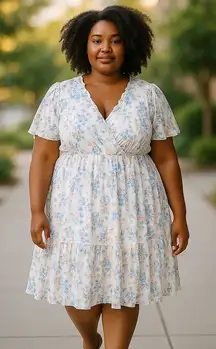 Milkmaid Babydoll Cottagecore‎ 3XL Floral Ruffle V Neck Midi Dress Blue White