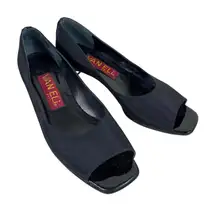 VAN ELi East Black Satin Block Heel Open Toe Slip On Pumps Leather Sole Size 7