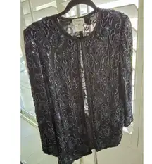 Sténay Womens M Black Beaded Sequin Evening Jacket Paisley Formal Silk Elegant