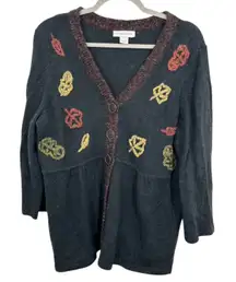 Vintage Christopher & Banks Size XL Charcoal Grey Embroidered Fall Leaf Cardigan