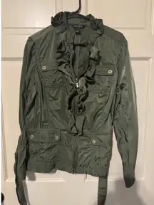 White House Black Market Green Zip Rain Coat Utility Ruffles Large