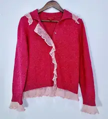 Northern Isles Pink Ruffle Knit Cardigan Frilly Delicate Grannycore Cottagecore‎
