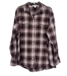 Old Navy  Flannel Boyfriend Shirt Maroon Plaid Oversized Button Up Size XL Tall