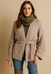 PINCH Oatmeal Cable Knit Belted Cardigan S/M NWT Cozy Chunky Winter Sweater